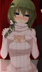 Rule 34 | 1boy, 1girl, arm around shoulder, blush, breasts, chimunge, cleavage, cleavage cutout, clothing cutout, couple, frog hair ornament, green hair, hair ornament, hands on own chest, hetero, highres, kochiya sanae, large breasts, long sleeves, meme attire, open-chest sweater, ribbed sweater, snake hair ornament, sweater, touhou, turtleneck