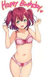 Rule 34 | 10s, 1girl, :d, alp, blue eyes, blush, bow, bow bra, bow panties, bra, breasts, collarbone, cowboy shot, happy birthday, kurosawa ruby, looking at viewer, love live!, love live! sunshine!!, medium hair, navel, open mouth, panties, pink bra, pink panties, red hair, ribbon-trimmed bra, simple background, small breasts, smile, solo, standing, two side up, underwear, underwear only, white background