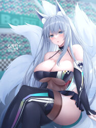 Rule 34 | animal ear fluff, animal ears, azur lane, bare shoulders, black choker, black gloves, black skirt, black thighhighs, blue eyes, blurry, blurry background, blush, boots, breasts, bridal gauntlets, choker, cleavage, commentary request, crossed legs, elbow gloves, feet out of frame, fox ears, fox tail, gloves, hair between eyes, halterneck, highleg, highleg leotard, highres, kitsune, large breasts, leotard, long hair, looking at viewer, miniskirt, momijizuki luna, multiple tails, official alternate costume, parted lips, race queen, see-through, shinano (azur lane), shinano (moonlit chrome) (azur lane), sidelocks, sitting, skirt, tail, thigh boots, thighhighs, thighhighs under boots, thighs, translation request, very long hair, white hair, white tail