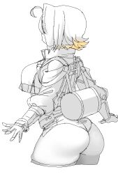 Rule 34 | 1girl, ahoge, ass, breasts, commentary, cropped legs, elegg (nikke), goddess of victory: nikke, greyscale, huge ass, jacket, jaggy lines, large breasts, long sleeves, micro shorts, monochrome, nago purin, short hair, short shorts, shorts, simple background, sketch, skindentation, solo, spot color, symbol-only commentary, wide hips