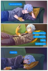Rule 34 | 1boy, 3koma, black pants, black shirt, blue pants, boku no hero academia, brown jacket, comic, commentary, couch, english commentary, english text, gloves, grey hair, hair between eyes, highres, holding, holding phone, jacket, lying, male focus, on back, on side, open clothes, open jacket, orange gloves, pants, phone, pillow, scar, scar on face, scar on mouth, shigaraki tomura, shirt, short hair, sleeping, trevo (trevoshere)