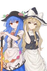 Rule 34 | 2girls, apron, black hat, bow, braid, closed mouth, commentary, hands on hilt, hat, hat bow, highres, hinanawi tenshi, kashiwada kiiho, kirisame marisa, long hair, looking at viewer, multiple girls, peach hat ornament, red eyes, short sleeves, side braid, simple background, single braid, smile, sword of hisou, touhou, white apron, white background, white bow, yellow eyes