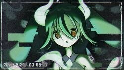 Rule 34 | 1girl, :o, character request, choppy bangs, commentary request, creatures (company), dark background, dated, expressionless, eyes in shadow, fake video, film grain, floating hair, floating neckwear, game freak, ghost miku (project voltage), glitch, green theme, grey shirt, hair ornament, hatsune miku, highres, hitodama, horror (theme), long hair, looking at viewer, necktie, nintendo, pale skin, pokemon, portrait, project voltage, shirt, sleeveless, sleeveless shirt, solo, static, twintails, viewfinder, vocaloid, yellow eyes, yushima (ysm2253)