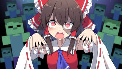 Rule 34 | 1girl, ascot, bare shoulders, blue ascot, blush, bow, brown hair, crossover, detached sleeves, drooling, e.o., hair between eyes, hair bow, hair tubes, hakurei reimu, highres, japanese clothes, looking at viewer, medium hair, minecraft, mouth drool, nontraditional miko, open mouth, outstretched arms, red bow, red eyes, ribbon-trimmed sleeves, ribbon trim, sidelocks, solo focus, stitched face, stitches, touhou, upper body, white sleeves, wide sleeves, zombie (minecraft), zombie pose