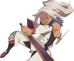 Rule 34 | 1boy, brown hair, detached sleeves, dual wielding, green eyes, holding, ivar (tales), long hair, male focus, official art, pants, ponytail, shoes, solo, sword, tales of (series), tales of xillia, transparent background, weapon, white background