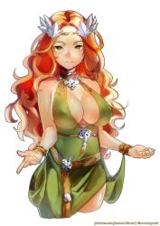 Rule 34 | 1girl, bracelet, breasts, brown hair, circlet, cleavage, commentary, curly hair, dress, covered erect nipples, final fantasy, final fantasy xiv, green dress, green eyes, hair ornament, highres, jewelry, large breasts, light smile, long hair, looking at viewer, nophica, patreon username, solo, sumi (oyasumie), twitter username