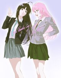 Rule 34 | 2girls, ahoge, aqua necktie, awa subaru, bang dream!, bang dream! it&#039;s mygo!!!!!, black hair, black jacket, blazer, chihaya anon, closed mouth, collared shirt, commentary, copyright name, crossover, genre connection, girls band cry, green necktie, green skirt, grey eyes, grey jacket, grey skirt, hair intakes, hand up, haneoka school uniform, hashtag-only commentary, highres, jacket, long hair, long sleeves, looking at another, multiple girls, necktie, open mouth, parted bangs, pink hair, pleated skirt, purple eyes, school uniform, shirt, sidelocks, simple background, skirt, teeth, upper teeth only, white background, white shirt, wigfire