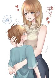 Rule 34 | 1boy, 1girl, absurdres, age difference, beige sweater, blonde hair, blouse, blue eyes, blue shirt, blue skirt, breasts, child, commentary, ear piercing, flustered, heart, height difference, highres, hug, large breasts, long hair, looking at another, mature female, onee-shota, open mouth, original, piercing, ribbed sweater, shirt, short sleeves, simple background, skirt, sleeveless, sleeveless turtleneck, sweatdrop, sweater, turtleneck, turtleneck sweater, upper body, white background, yuuki mero