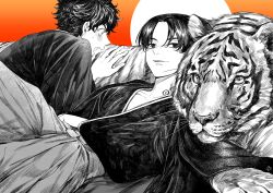 Rule 34 | 2boys, absurdres, animal, arm out of sleeve, blush, character request, chinese zodiac, closed mouth, crossed arms, greyscale, hanagaki takemichi, highres, japanese clothes, kimono, knee up, leaning back, looking at viewer, lying, male focus, monochrome, multiple boys, on back, open mouth, parted bangs, pizza oisii6, sano manjirou, short hair, sweatdrop, tiger, tokyo revengers, year of the tiger