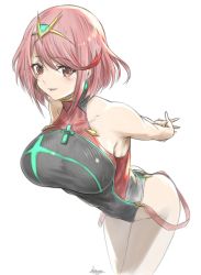 Rule 34 | 1girl, alternate costume, blush, breasts, competition swimsuit, earrings, gem, jewelry, large breasts, looking at viewer, mitsugu, one-piece swimsuit, pyra (pro swimmer) (xenoblade), pyra (xenoblade), red eyes, red hair, short hair, simple background, swimsuit, thighs, tiara, white background, xenoblade chronicles (series), xenoblade chronicles 2