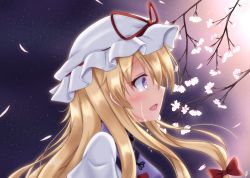 Rule 34 | 1girl, absurdres, blonde hair, cherry blossoms, commentary request, hair ribbon, hat, hat ribbon, highres, huge filesize, ibuibuyou, long hair, mob cap, open mouth, partial commentary, purple eyes, ribbon, signature, solo, tabard, tears, touhou, tress ribbon, upper body, yakumo yukari