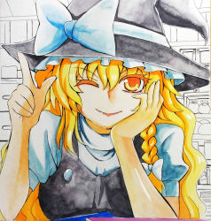 Rule 34 | 1girl, ;), absurdres, blonde hair, bow, braid, head rest, hand on own cheek, hand on own face, hat, hat bow, highres, index finger raised, kirisame marisa, long hair, one eye closed, pointing, shikishi, side braid, single braid, smile, solo, touhou, witch hat, yagami (mukage), yellow eyes