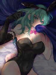 Rule 34 | 1girl, alternate costume, animal ears, black gloves, black leotard, bow, bowtie, breasts, byleth (female) (fire emblem), byleth (fire emblem), cleavage, commentary request, covered navel, detached collar, elbow gloves, enlightened byleth (female), fake animal ears, fake tail, fire emblem, fire emblem: three houses, gloves, green eyes, grey hair, hair between eyes, highleg, highleg leotard, highres, large breasts, leotard, long hair, looking at viewer, lying, mokichi xx, nintendo, pink bow, pink bowtie, playboy bunny, rabbit ears, rabbit tail, single elbow glove, solo, tail