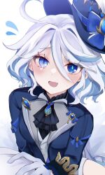 Rule 34 | 1girl, ahoge, blue eyes, blush, coat, fang, flustered, furina (genshin impact), genshin impact, gloves, hat, heterochromia, highres, long sleeves, looking at viewer, open clothes, pof (peuplierpof), sweatdrop, top hat, white gloves, white hair