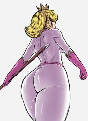 Rule 34 | 1girl, ass, backboob, blonde hair, bodysuit, breasts, crown, from below, gasvy man, highres, huge ass, large breasts, mario (series), nintendo, ponytail, princess, princess peach, solo, the super mario bros. movie, weapon