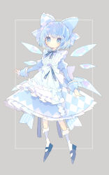 Rule 34 | 1girl, absurdres, apron, blue bow, blue dress, blue eyes, blue footwear, blue hair, bow, cirno, closed mouth, commentary, detached wings, dress, fairy, frilled apron, frills, full body, hair bow, highres, ice, ice wings, juliet sleeves, long sleeves, looking at viewer, nikorashi-ka, puffy sleeves, shoes, short hair, socks, solo, symbol-only commentary, touhou, white apron, white socks, wings