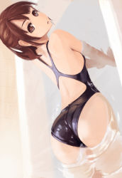 Rule 34 | 1girl, all fours, arm support, ass, back, bathroom, bathtub, breasts, brown eyes, brown hair, competition swimsuit, dutch angle, from behind, indoors, kawa akira, looking at viewer, looking back, no nose, one-piece swimsuit, ponytail, short hair, sideboob, sideways, small breasts, solo, submerged, swimsuit, water, wet