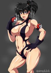 Rule 34 | 1girl, alternate breast size, alternate color, bare legs, black hair, black one-piece swimsuit, blush, breasts, creatures (company), curvy, female focus, female pubic hair, game freak, gloves, gym leader, highleg, highleg swimsuit, highres, large breasts, looking at viewer, misty (pokemon), myougi kuraganosuke, naughty face, nintendo, one-piece swimsuit, open mouth, pokemon, pokemon: the electric tale of pikachu, ponytail, pubic hair, saliva, saliva trail, shiny skin, side ponytail, sideboob, slingshot swimsuit, smile, solo, standing, sweat, swimsuit, tears, translation request