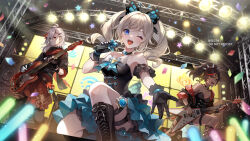 Rule 34 | 1boy, 2girls, barbara (genshin impact), blonde hair, blue eyes, blush, boots, breasts, brown hair, butterfly hair ornament, closed mouth, commentary, concert, dress, fang, fingerless gloves, french commentary, genshin impact, gloves, guitar, hair ornament, highres, holding, holding instrument, holding microphone, instrument, kaedehara kazuha, knee boots, kneeling, light particles, lights, long hair, looking at viewer, medium breasts, medium hair, microphone, multicolored hair, multiple girls, nail polish, one eye closed, open mouth, outstretched arm, qi2341, red eyes, red hair, small breasts, smile, standing, thigh strap, thighs, twintails, vision (genshin impact), xinyan (genshin impact), yellow eyes