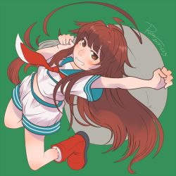 Rule 34 | 10s, 1girl, ahoge, artist name, bag, boots, brown eyes, brown hair, commentary request, dated, full body, grin, kantai collection, kuma (kancolle), long hair, looking at viewer, one-hour drawing challenge, red footwear, rota (bitmap1022), school uniform, serafuku, simple background, smile, solo, very long hair