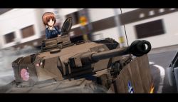 Rule 34 | 1girl, absurdres, action, anglerfish, bad id, bad pixiv id, blush, brown eyes, brown hair, city, emblem, fish, girls und panzer, hand up, headset, highres, kk90, letterboxed, medium hair, military, military vehicle, motion blur, motor vehicle, nishizumi miho, ooarai (emblem), open mouth, panzer iv, panzer iv, radio antenna, road, solo, sparks, street, tank, throat microphone, uniform, upper body