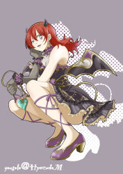 Rule 34 | 1girl, absurdres, alternate hairstyle, an alluring devil (love live!), aqua eyes, artist name, artist request, bare legs, bare shoulders, bat earrings, black dress, black gloves, black wings, blue eyes, blush, bow, bracelet, braid, breasts, brown hair, buttons, center frills, cleavage, collarbone, curly hair, demon horns, demon tail, demon wings, detached collar, dress, dress bow, earrings, elbow gloves, emma verde, facial mark, facial tattoo, fake demon horns, female focus, floating hair, freckles, frilled dress, frills, full body, gem, gloves, grey background, hair between eyes, hand on own cheek, hand on own face, heart, heart (symbol), heart earrings, heart necklace, heart print, heart tail, heart tattoo, high heels, highres, holding, holding tail, horns, jewelry, kneeling, lace, lace gloves, long hair, looking at viewer, love live!, love live! nijigasaki high school idol club, love live! school idol festival, love live! school idol festival all stars, medium breasts, miniskirt, necklace, parted lips, pearl (gemstone), pearl bracelet, pearl necklace, plaid, plaid dress, plaid skirt, pleated, pleated dress, pleated skirt, purple bow, purple detached collar, purple dress, purple footwear, purple high heels, purple ribbon, purple skirt, purple wings, purple wrist cuffs, red hair, ribbon, ribbon-trimmed legwear, ribbon trim, short hair, sitting, skirt, sleeveless, sleeveless dress, smile, solo, striped clothes, striped dress, striped skirt, tail, tail bow, tail ornament, tattoo, vertical-striped clothes, vertical-striped dress, vertical-striped skirt, wavy hair, wing earrings, wings, wrist cuffs