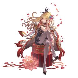 Rule 34 | 1girl, black footwear, black pantyhose, blonde hair, breasts, choker, cleavage, cloak, crossed legs, cup, dress, flower, granblue fantasy, hair ornament, high heels, holding, holding cup, looking to the side, lotus, nail polish, official alternate costume, official art, pantyhose, parted lips, petals, pink nails, red cloak, red eyes, shoe dangle, sitting, solo, transparent background, valentine, vira (granblue fantasy)