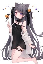 Rule 34 | 1girl, animal ear fluff, animal ears, black bow, black dress, blush, bow, cat ears, cat girl, cat tail, commentary, dress, flower, grey hair, hair bow, hair flower, hair ornament, halloween, hand up, heterochromia, highres, holding, kneeling, long hair, long sleeves, looking at viewer, off shoulder, open clothes, open shirt, orange flower, orange rose, original, parted lips, purple eyes, red eyes, rose, shirt, simple background, sleeveless, sleeveless dress, solo, star (symbol), starry background, strap slip, suzumori uina, tail, two side up, very long hair, white background, white shirt