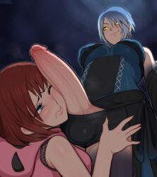 Rule 34 | 1futa, 1girl, afrobull, aqua (kingdom hearts), bare shoulders, blue eyes, blue hair, breasts, cheek press, detached sleeves, erection, from below, futa with female, futanari, glowing, glowing eyes, highres, jewelry, kairi (kingdom hearts), kingdom hearts, large breasts, large penis, looking at another, looking at penis, looking down, medium breasts, multiple girls, one eye closed, penis, penis on face, red hair, short hair, sleeveless, smile, smug, testicles, veins, veiny penis, yellow eyes