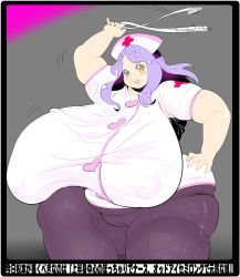 Rule 34 | blush, breasts, fat, gigantic breasts, heterochromia, nurse, obese, pocharu, purple hair, thick thighs, thighs, translation request