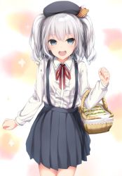 Rule 34 | 10s, 1girl, :d, alternate costume, bad id, bad twitter id, basket, beret, blue eyes, blush, center frills, collared shirt, cowboy shot, dress shirt, food, frills, fueru nattou, hat, inactive account, kantai collection, kashima (kancolle), long sleeves, looking at viewer, open mouth, picnic basket, pleated skirt, ribbon, sandwich, shirt, sidelocks, silver hair, skirt, smile, solo, standing, suspender skirt, suspenders, tsurime, twintails, wavy hair, white shirt, aged down