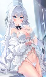 Rule 34 | 1girl, absurdres, asymmetrical sleeves, bare shoulders, blue eyes, blush, bow, breasts, cleavage, closed mouth, collarbone, commentary, detached collar, dress, floating, floating object, frills, hair bow, halo, hand up, highleg, highres, iop5509, lifting own clothes, long hair, long sleeves, looking at viewer, medium breasts, navel, original, panties, shiny skin, simple background, sitting, skirt hold, solo, stomach, symbol-only commentary, thighs, underwear, white dress, white hair