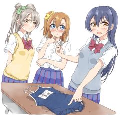 Rule 34 | 10s, 3girls, angry, blouse, blue eyes, blue hair, blue one-piece swimsuit, blush, bow, bowtie, commentary request, competition school swimsuit, green ribbon, grey hair, hair between eyes, hair bow, holding, key, kosaka honoka, long hair, looking at viewer, love live!, love live! school idol project, minami kotori, multiple girls, name tag, one-piece swimsuit, one side up, open mouth, orange hair, otonokizaka school uniform, plaid, plaid skirt, pleated skirt, pointing, red neckwear, ribbon, school swimsuit, school uniform, shirt, short sleeves, simple background, skirt, sonoda umi, standing, striped bow, striped bowtie, striped clothes, striped neckwear, swimsuit, tetopetesone, vest, white background, white shirt, yellow eyes, yellow ribbon