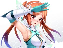 Rule 34 | 1girl, aqua gloves, arm up, armpits, blush, elbow gloves, eto, gloves, hex grid, honeycomb pattern, long hair, looking at viewer, open mouth, orange hair, phantasy star, phantasy star online 2, quna (pso2), red eyes, solo, sweat, twintails, upper body