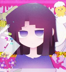 aliza_(horrortale) bird brown_hair deeeeeeen114514 duck egg highres horrortale injection nervous portrait purple_eyes sad short_hair