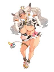 Rule 34 | 1girl, absurdres, animal ears, animal print, bell, black hair, black nails, breasts, cow ears, cow girl, cow horns, cow print, cow tail, cowbell, crown, curvy, dairoku ryouhei, ear tag, full body, grin, highres, horns, huge breasts, long hair, multicolored hair, nail polish, navel, neck bell, nipples, official art, ryoji (nomura ryouji), skirt, smile, solo, tail, thick thighs, thighs, twintails, two-tone hair, underboob