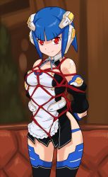 Rule 34 | 1girl, airi (dream c club), android, arms behind back, bdsm, blue hair, bondage, bound, crotch rope, dream c club, dream c club (series), ili (dream c club), joints, omeyokan, red eyes, robot joints, rope, shibari, shibari over clothes, short hair, solo, symbol-shaped pupils, thighhighs
