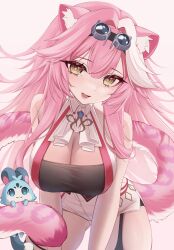 1girl absurdres animal_ear_fluff animal_ears bare_shoulders black_tube_top blue_eyes blue_fur breasts chattino_(raora_panthera) cleavage cowboy_shot goggles goggles_on_head hair_flaps highres hololive hololive_english large_breasts leaning_forward long_hair looking_at_viewer lorikaruu open_mouth panther_ears panther_girl panther_tail pink_hair raora_panthera raora_panthera_(1st_costume) short_shorts shorts strapless tail thigh_strap thighhighs thighs tube_top vest virtual_youtuber white_background white_hair white_thighhighs white_vest yellow_eyes