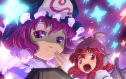 Rule 34 | 2girls, animal ears, bug, butterfly, female focus, glowing, gradient background, hat, highres, insect, mizuki hitoshi, multiple girls, mystia lorelei, open mouth, pink eyes, pink hair, red eyes, red hair, saigyouji yuyuko, shaded face, smile, tongue, tongue out, touhou, winged hat, wings