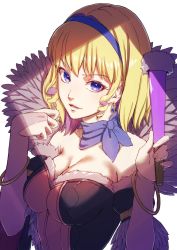 Rule 34 | 1girl, bare shoulders, blonde hair, blue eyes, breasts, bridal gauntlets, cleavage, constance von nuvelle, earrings, fire emblem, fire emblem: three houses, fire emblem warriors: three hopes, highres, jewelry, large breasts, looking at viewer, nintendo, simple background, white background