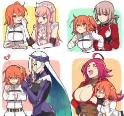 Rule 34 | 4girls, 5girls, ;d, ahoge, arm around neck, black sleeves, blue hair, book, bra, breasts, brown eyes, brynhildr (fate), cleavage, closed eyes, detached sleeves, diadem, elbow gloves, fate/grand order, fate (series), florence nightingale (fate), flower, francis drake (fate), frown, fujimaru ritsuka (female), gauntlets, gloves, hair between eyes, hair ornament, hair scrunchie, hand on another&#039;s shoulder, headpiece, holding, holding flower, holding knife, jacket, knife, large breasts, long hair, long sleeves, medb (fate), medium breasts, medium hair, military jacket, multicolored hair, multiple girls, nm222, one eye closed, open book, open mouth, orange hair, parted bangs, parted lips, pink flower, pink hair, profile, purple hair, red jacket, scrunchie, side ponytail, silver hair, sketch, small breasts, smile, standing, straight hair, tears, two-tone hair, underwear, upper body, v-shaped eyebrows, very long hair, white bra, white gloves, white jacket, yellow scrunchie