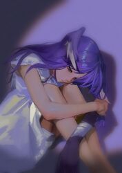 Rule 34 | 1girl, asymmetrical arms, blue eyes, closed mouth, commentary, cracy logan, dress, english commentary, frown, head wings, highres, hugging own legs, knees to chest, long hair, nijisanji, nijisanji en, purple background, purple hair, selen tatsuki, shadow, sitting, solo, tears, virtual youtuber, white dress, wings
