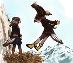 Rule 34 | 2girls, belt, bird nest, bird tail, bird wings, blonde hair, blue shorts, boots, brown eyes, brown hair, brown legwear, brown skirt, cliff, epaulettes, flying, food, fur trim, gloves, golden eagle (kemono friends), head wings, high collar, holding, holding food, in nest, japari bun, kemono friends, long sleeves, mountain, multicolored clothes, multicolored hair, multicolored legwear, multiple girls, multiple persona, nest, pantyhose, pleated skirt, rumenia (ao2is), short hair, shorts, skirt, sleeve cuffs, tail, uniform, white gloves, white hair, white legwear, wings, yellow footwear, yellow gloves