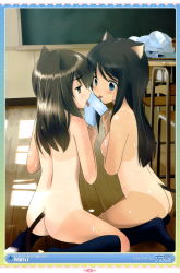 Rule 34 | 2girls, absurdres, animal ears, ass, black hair, blue eyes, border, breasts, brown eyes, brown hair, cat ears, cat tail, classroom, feet, food, highres, houmitsu, indoors, lace, lace border, licking, multiple girls, no shoes, nude, one-piece tan, ornate border, popsicle, school, sideboob, small breasts, socks, source request, sunlight, sweat, tail, tan, tanline, tongue, wet, yuri