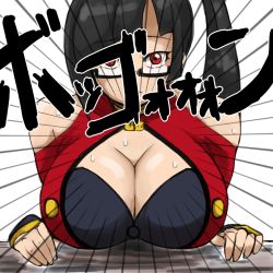 Rule 34 | 1girl, arc system works, bad id, bad pixiv id, bare shoulders, black bra, blazblue, blazblue: calamity trigger, bra, breast rest, breasts, cleavage, cleavage cutout, clothing cutout, detached sleeves, emphasis lines, glasses, huge breasts, litchi faye ling, long hair, looking at viewer, red eyes, semi-rimless eyewear, side ponytail, solo, sweat, translation request, under-rim eyewear, underwear, very long hair, yuuya (blue scarab)