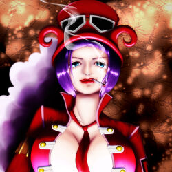 Rule 34 | 1girl, belo betty, blue eyes, bob cut, breasts, cigarette, cleavage, commentary request, goggles, goggles on headwear, hat, hat feather, highres, jacket, looking at viewer, mitsuki32, necktie, one piece, open clothes, open shirt, purple hair, red hat, red jacket, red lips, red necktie, smoke, solo