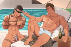Rule 34 | 2boys, alcohol, arms behind back, bara, bdsm, black blindfold, black hair, blindfold, blush, bondage, bottle, bound, bound legs, bound wrists, brown hair, covered eyes, cup, day, facial hair, holding, holding cup, male focus, male swimwear, multiple boys, nude, original, outdoors, penis, restrained, rope, shibari, short hair, sitting, testicles, thighs, white male swimwear, yaoi, youchi123