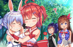 Rule 34 | 4girls, ?, a-chan (hololive), absurdres, ahoge, animal ears, axe, basketball-to-cartoon-0104, blue eyes, blue hair, blush, bow, braid, breasts, brown hair, cheek pinching, closed eyes, commentary request, detached sleeves, glasses, grin, hair bow, hair ornament, highres, hololive, huge filesize, long hair, multicolored hair, multiple girls, pinching, pink hair, rabbit ears, rabbit girl, sakura miko, sakura miko (old design), short hair, sleeveless, smile, star (symbol), star hair ornament, sword, tokino sora, tokino sora (1st costume), tree, usada pekora, usada pekora (1st costume), virtual youtuber, weapon
