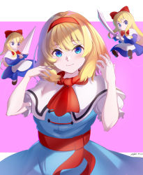 Rule 34 | 1girl, absurdres, alice margatroid, apron, arms up, artist name, ascot, blonde hair, blue dress, blue eyes, blush, border, bow, bowtie, breasts, brown footwear, capelet, closed mouth, commentary request, doll, dress, eyes visible through hair, flying, hair between eyes, hairband, hands up, highres, holding, holding weapon, long hair, long sleeves, looking at viewer, medium breasts, no mouth, outside border, pantyhose, pink background, puffy long sleeves, puffy short sleeves, puffy sleeves, red ascot, red bow, red bowtie, red hairband, shanghai doll, shoes, short hair, short sleeves, signature, simple background, smile, solo, standing, sword, touhou, weapon, white apron, white border, white capelet, white pantyhose, yujin (kanouyuuto-0423)