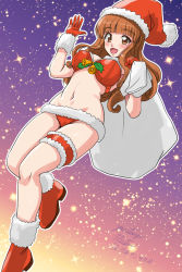 Rule 34 | 1girl, alternate costume, artist name, bell, bikini, blue sky, blunt bangs, breasts, carrying over shoulder, christmas, commentary, dated, dutch angle, fur-trimmed bikini, fur-trimmed footwear, fur-trimmed gloves, fur trim, girls und panzer, gloves, gradient sky, hat, holding, holding sack, holly, leg up, long hair, looking at viewer, matsui yasutsugu, medium breasts, navel, one-hour drawing challenge, open mouth, orange eyes, orange hair, orange sky, outline, red bikini, red footwear, red gloves, red hat, sack, santa bikini, santa costume, santa hat, signature, sky, smile, solo, standing, standing on one leg, star (sky), starry sky, swimsuit, takebe saori, thigh strap, waving, white outline